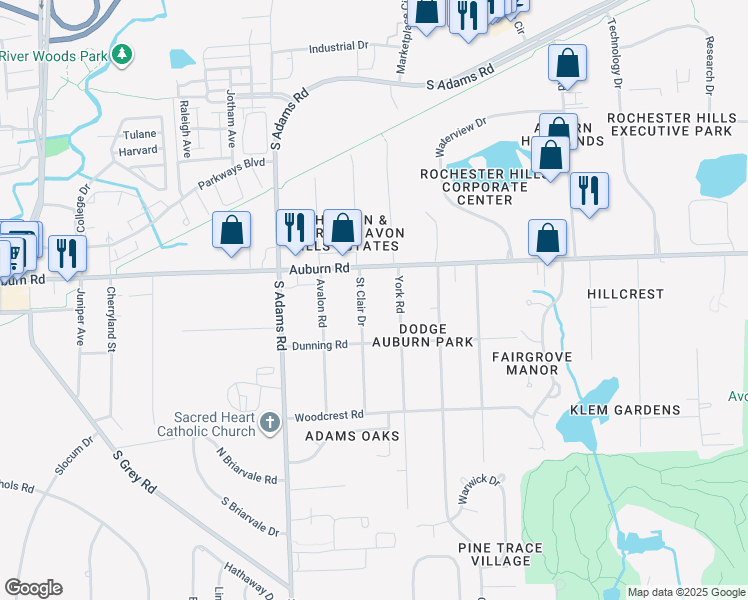 map of restaurants, bars, coffee shops, grocery stores, and more near 3037 Saint Clair Drive in Rochester Hills