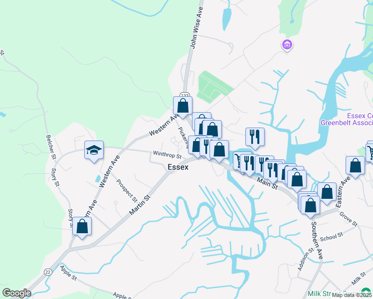 map of restaurants, bars, coffee shops, grocery stores, and more near 8 Pickering Street in Essex