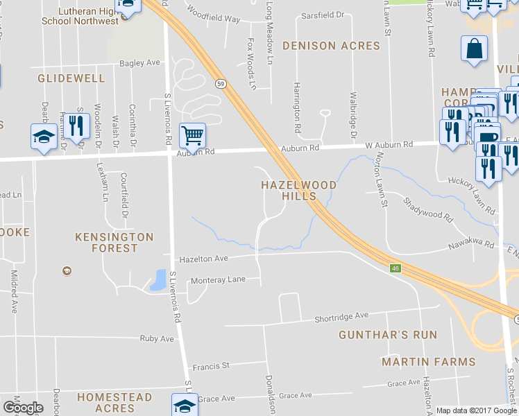 map of restaurants, bars, coffee shops, grocery stores, and more near 3210 Villanova Circle in Rochester Hills