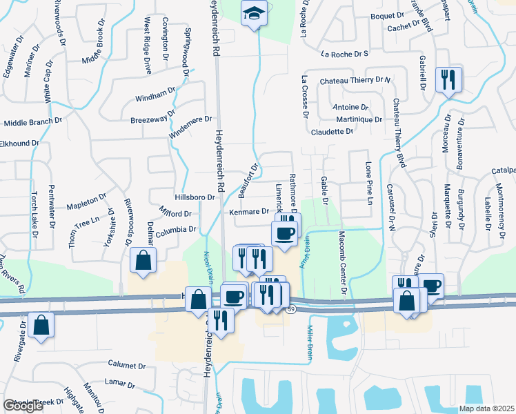 map of restaurants, bars, coffee shops, grocery stores, and more near 20805 Kenmare Drive in Macomb