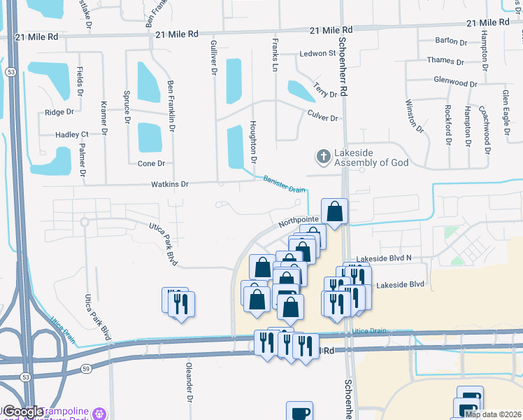 map of restaurants, bars, coffee shops, grocery stores, and more near 12215 Hickory West in Utica