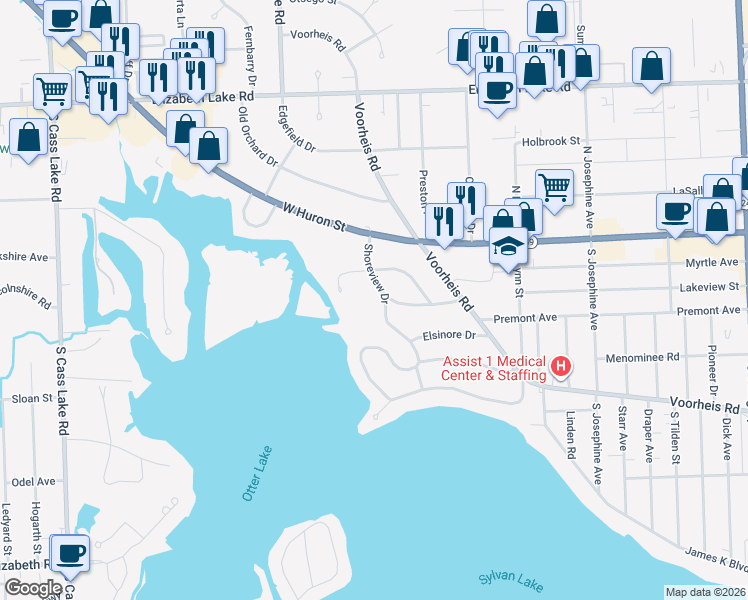 map of restaurants, bars, coffee shops, grocery stores, and more near 450 Shoreview Drive in Waterford Township