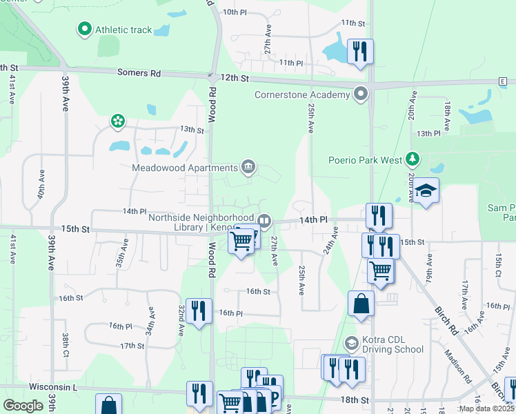 map of restaurants, bars, coffee shops, grocery stores, and more near 1459 28th Court in Kenosha