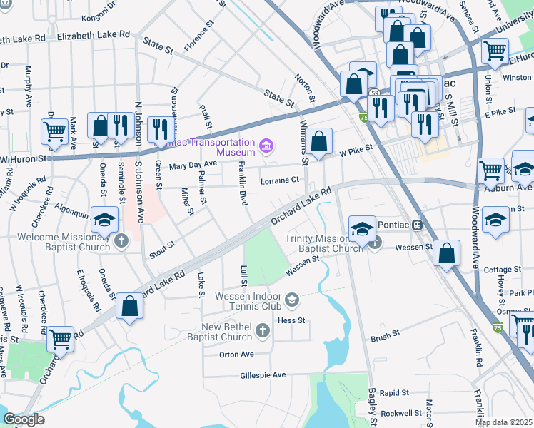 map of restaurants, bars, coffee shops, grocery stores, and more near 278 Orchard Lake Road in Pontiac