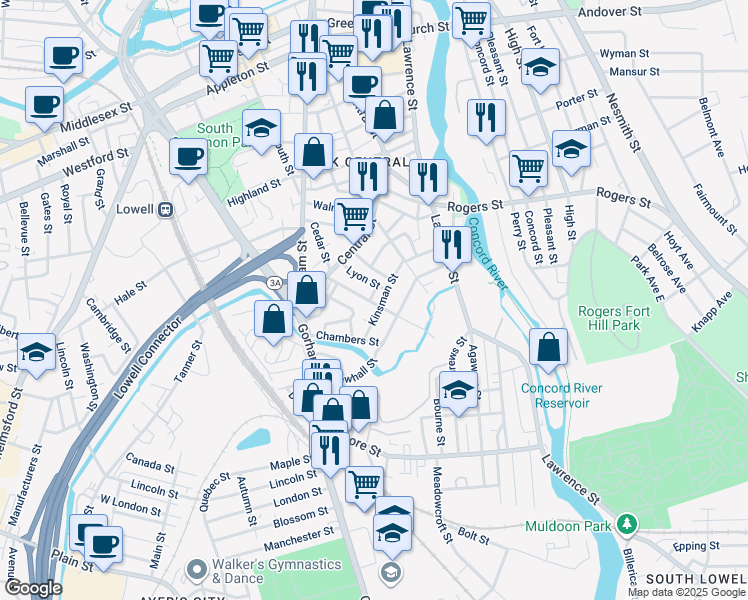 map of restaurants, bars, coffee shops, grocery stores, and more near 56 Kinsman Street in Lowell