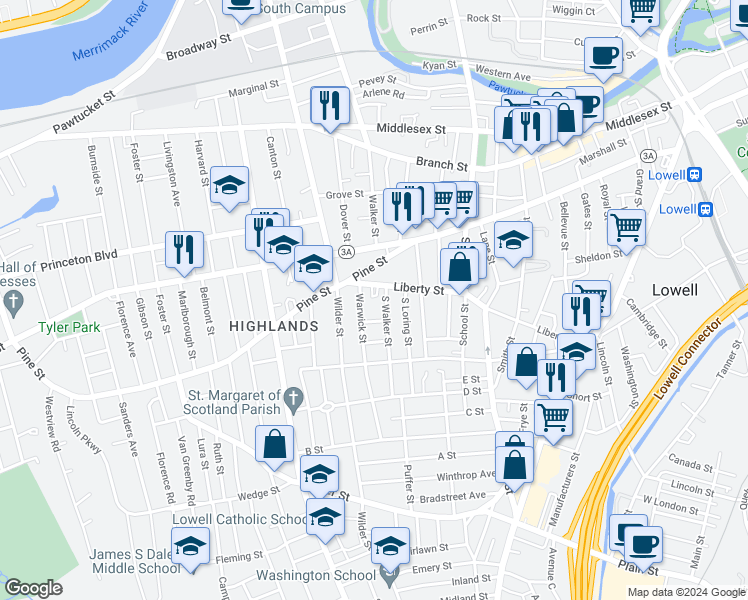 map of restaurants, bars, coffee shops, grocery stores, and more near 24 Warwick Street in Lowell
