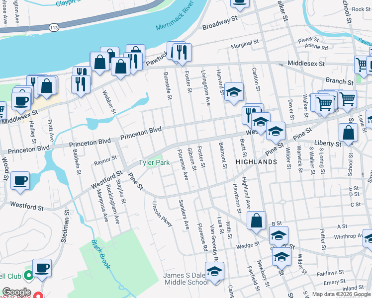 map of restaurants, bars, coffee shops, grocery stores, and more near 15 Florence Avenue in Lowell