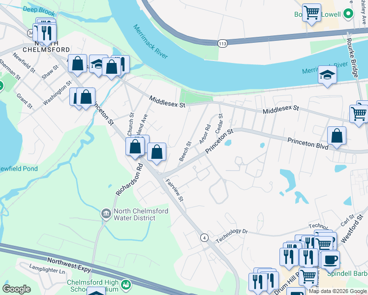 map of restaurants, bars, coffee shops, grocery stores, and more near 18 Beech Street in Chelmsford