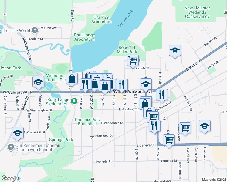 map of restaurants, bars, coffee shops, grocery stores, and more near East Walworth Avenue in Delavan