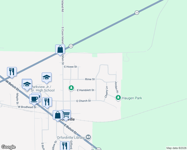 map of restaurants, bars, coffee shops, grocery stores, and more near 401 Comfortcove Street in Orfordville