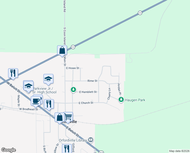 map of restaurants, bars, coffee shops, grocery stores, and more near 401 Comfortcove Street in Orfordville