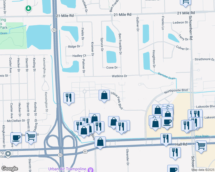 map of restaurants, bars, coffee shops, grocery stores, and more near 12770 Mandalay Circle in Utica
