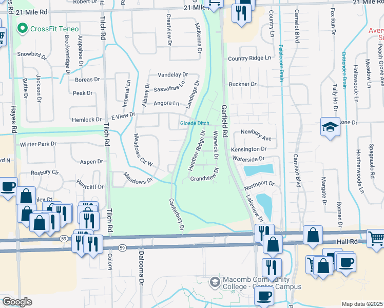 map of restaurants, bars, coffee shops, grocery stores, and more near 45673 Heather Ridge Drive in Macomb