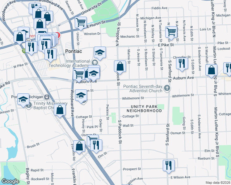 map of restaurants, bars, coffee shops, grocery stores, and more near 206 East Judson Street in Pontiac