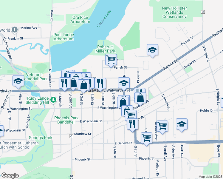 map of restaurants, bars, coffee shops, grocery stores, and more near 52 South 6th Street in Delavan