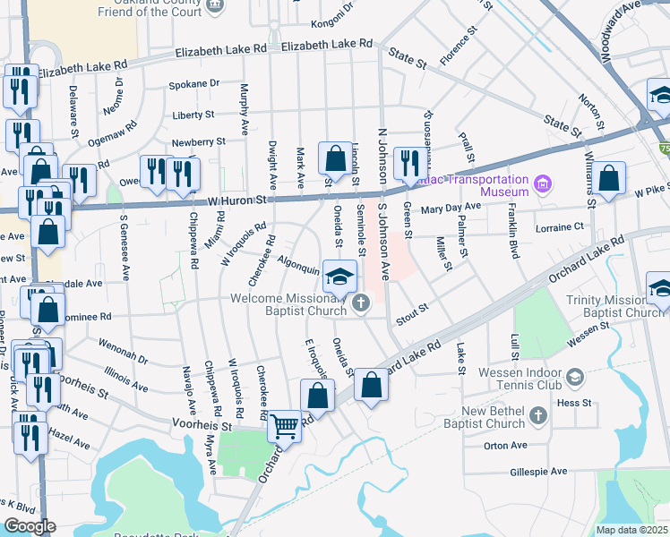 map of restaurants, bars, coffee shops, grocery stores, and more near 88 Oneida Street in Pontiac