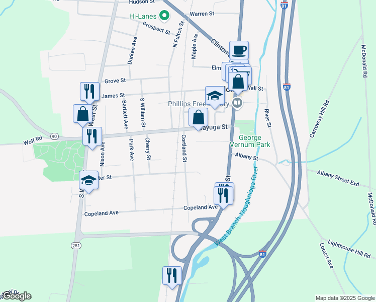 map of restaurants, bars, coffee shops, grocery stores, and more near 35 Cortland Street in Homer