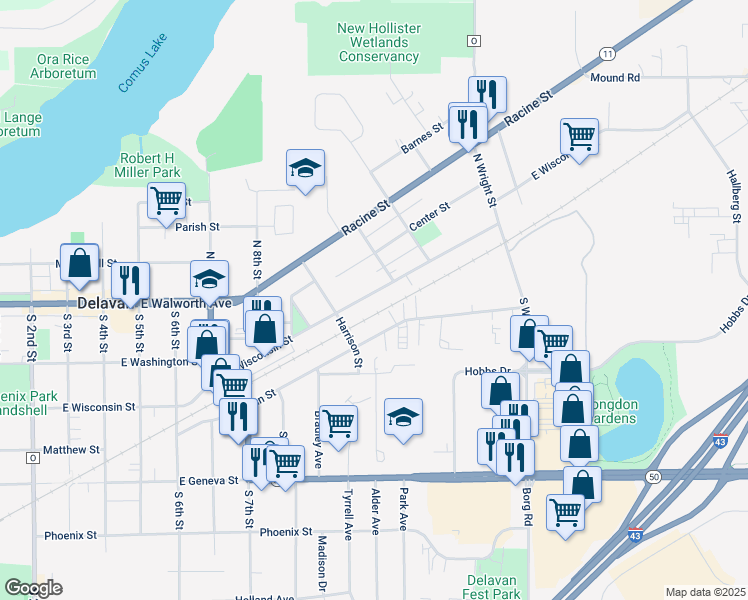 map of restaurants, bars, coffee shops, grocery stores, and more near 942 East Wisconsin Street in Delavan