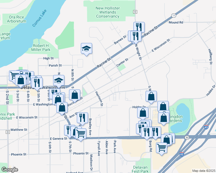 map of restaurants, bars, coffee shops, grocery stores, and more near 942 East Wisconsin Street in Delavan