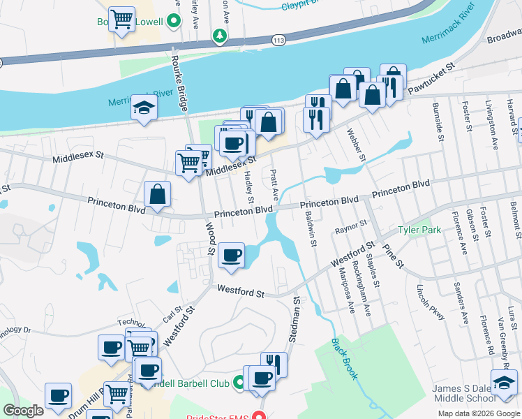 map of restaurants, bars, coffee shops, grocery stores, and more near 570 Princeton Boulevard in Lowell