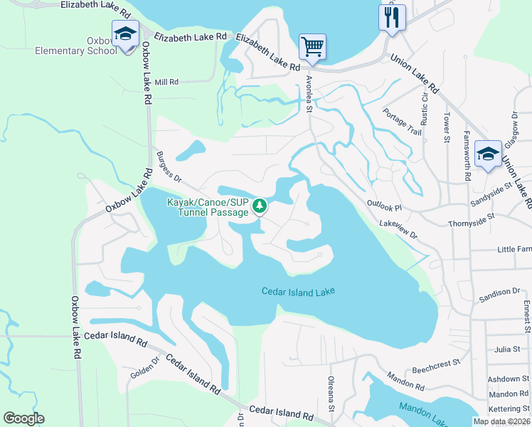 map of restaurants, bars, coffee shops, grocery stores, and more near 10001 Cedar Shores Drive in White Lake charter Township