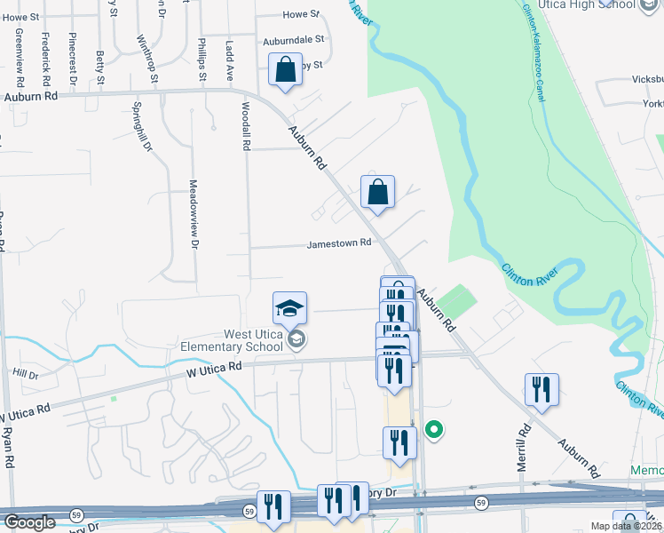 map of restaurants, bars, coffee shops, grocery stores, and more near 5410 Jamestown Road in Macomb County