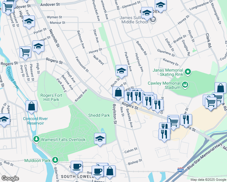 map of restaurants, bars, coffee shops, grocery stores, and more near 331 Fairmount Street in Lowell