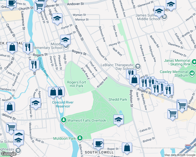 map of restaurants, bars, coffee shops, grocery stores, and more near 124 Belrose Avenue in Lowell