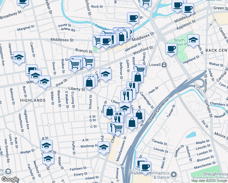 map of restaurants, bars, coffee shops, grocery stores, and more near 28 Barclay Street in Lowell