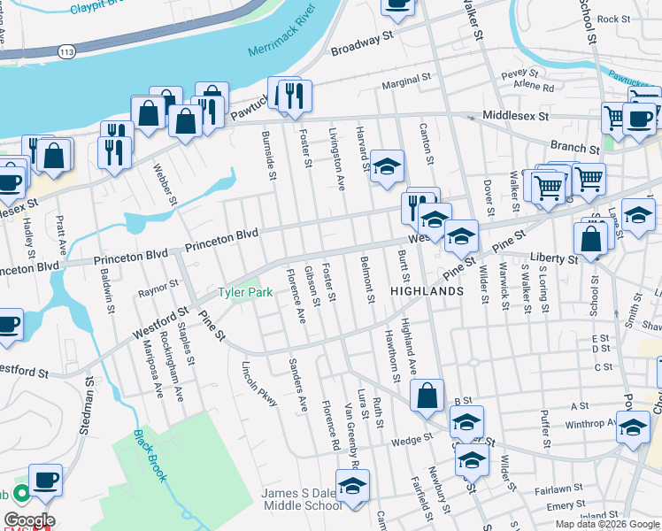 map of restaurants, bars, coffee shops, grocery stores, and more near 221 Foster Street in Lowell
