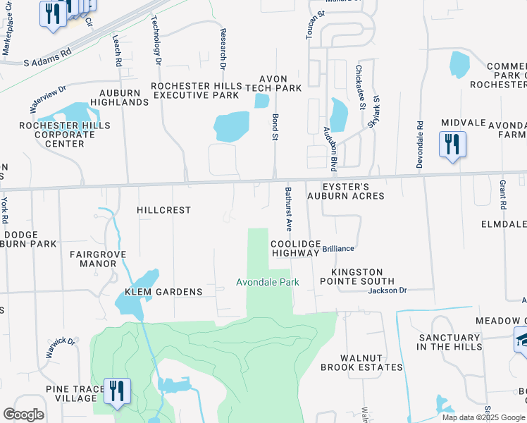 map of restaurants, bars, coffee shops, grocery stores, and more near 3100 Hartung Street in Rochester Hills