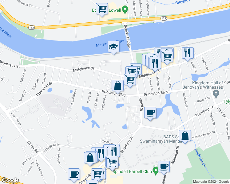 map of restaurants, bars, coffee shops, grocery stores, and more near 741 Princeton Boulevard in Lowell