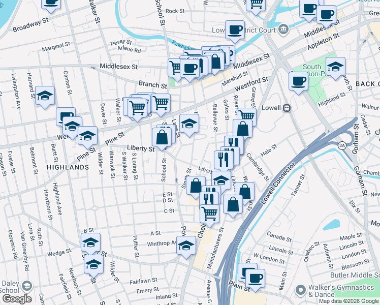 map of restaurants, bars, coffee shops, grocery stores, and more near 111 Liberty Street in Lowell