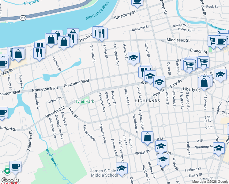 map of restaurants, bars, coffee shops, grocery stores, and more near 221 Foster Street in Lowell