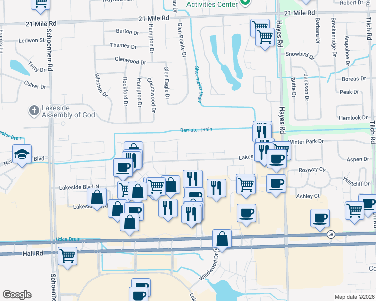 map of restaurants, bars, coffee shops, grocery stores, and more near Valenti Boulevard in Shelby charter Township