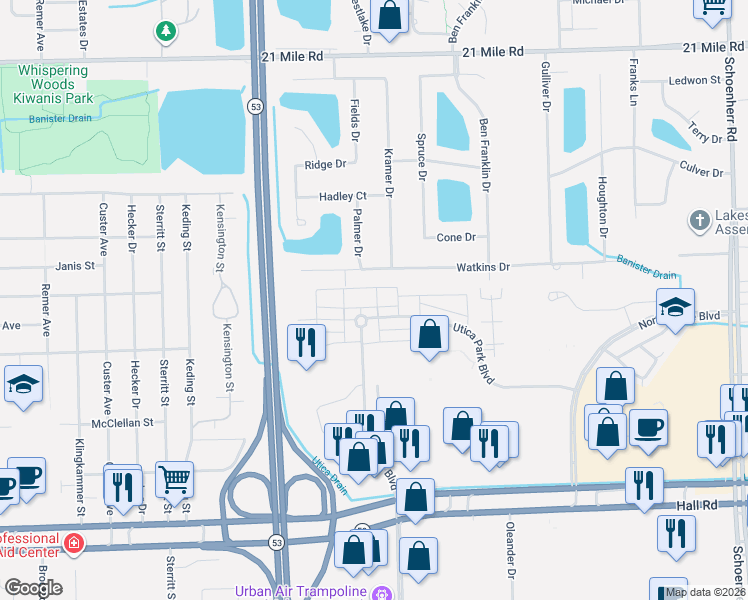 map of restaurants, bars, coffee shops, grocery stores, and more near 11699 Weingartz West in Utica