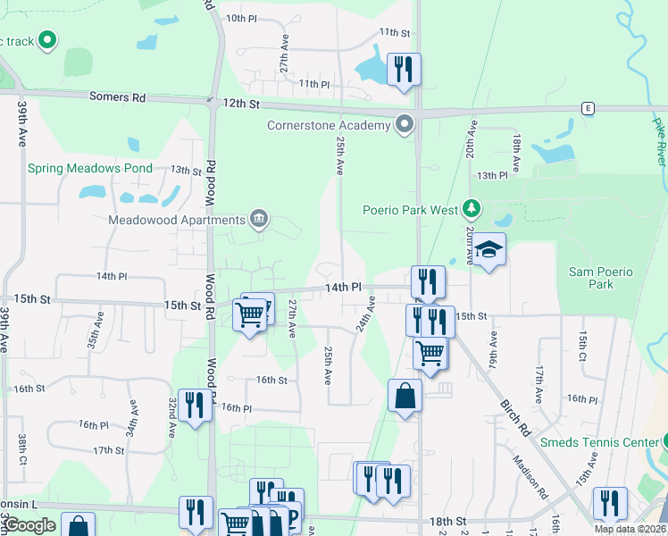 map of restaurants, bars, coffee shops, grocery stores, and more near 2512 14th Place in Kenosha