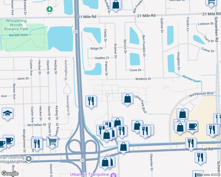map of restaurants, bars, coffee shops, grocery stores, and more near 11699 Weingartz East in Utica
