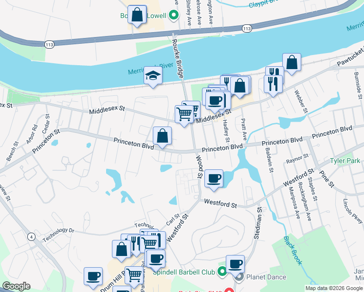 map of restaurants, bars, coffee shops, grocery stores, and more near 25 Wood Street in Lowell