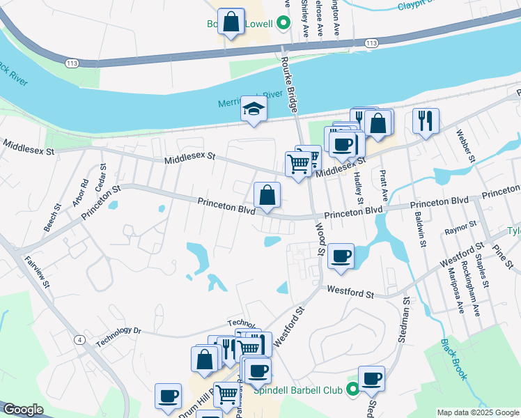 map of restaurants, bars, coffee shops, grocery stores, and more near 743 Princeton Boulevard in Lowell