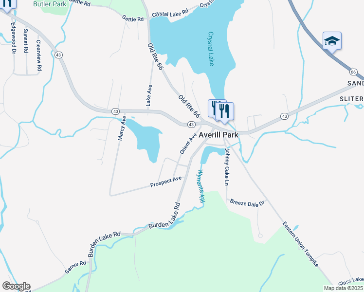 map of restaurants, bars, coffee shops, grocery stores, and more near 16 Orient Avenue in Averill Park