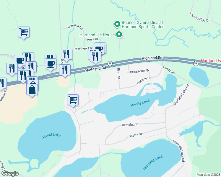 map of restaurants, bars, coffee shops, grocery stores, and more near 11381 Norway Drive in Hartland