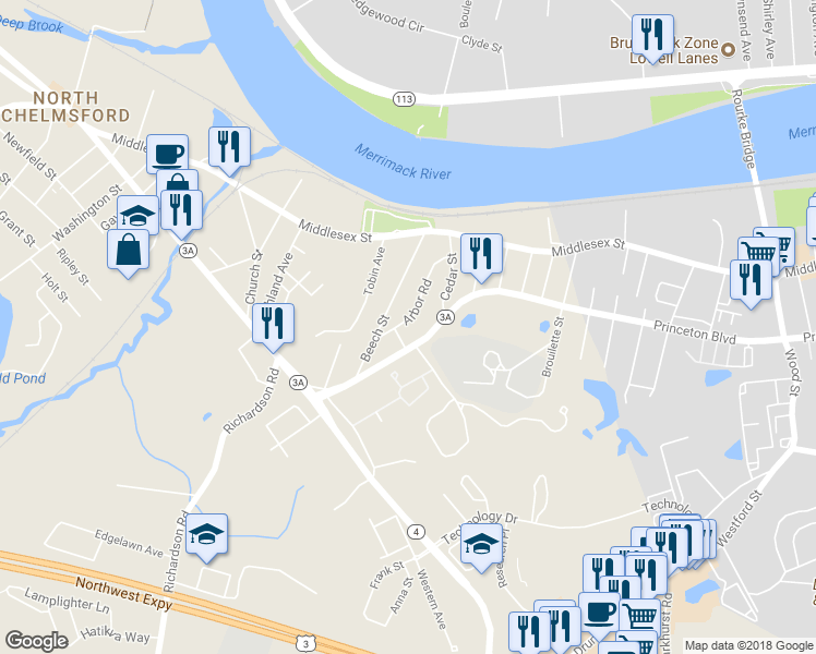 map of restaurants, bars, coffee shops, grocery stores, and more near 11 Arbor Road in Chelmsford