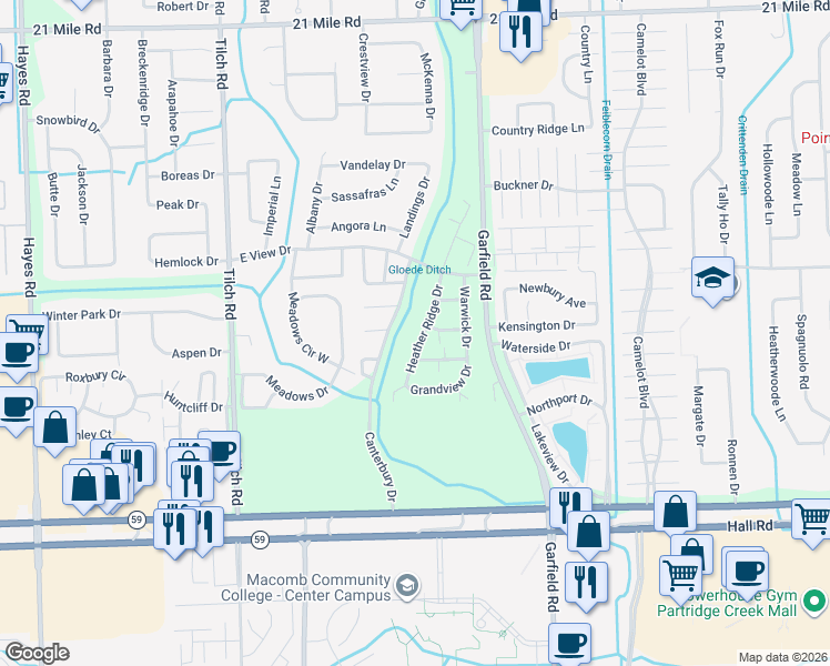 map of restaurants, bars, coffee shops, grocery stores, and more near 45781 Heather Ridge Drive in Macomb