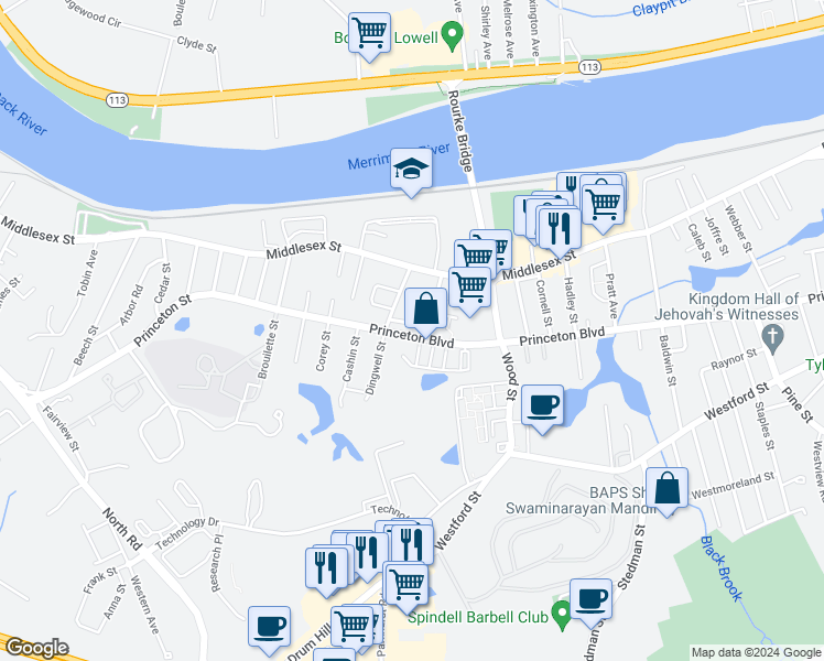 map of restaurants, bars, coffee shops, grocery stores, and more near 747 Princeton Boulevard in Lowell