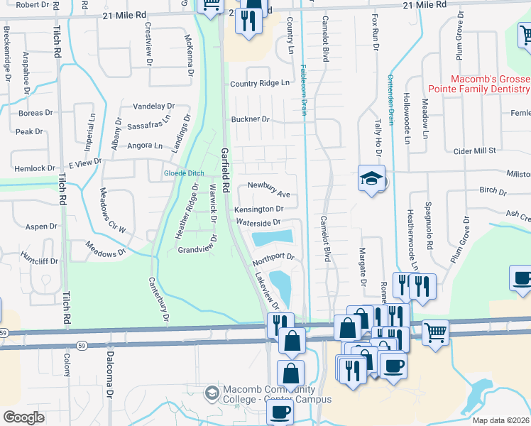 map of restaurants, bars, coffee shops, grocery stores, and more near 83 Waterside Drive in Macomb