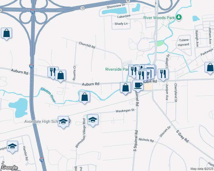 map of restaurants, bars, coffee shops, grocery stores, and more near 3042 Auburn Road in Auburn Hills