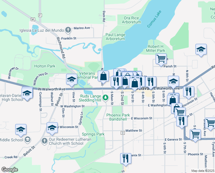 map of restaurants, bars, coffee shops, grocery stores, and more near 61-65 East Walworth Avenue in Delavan