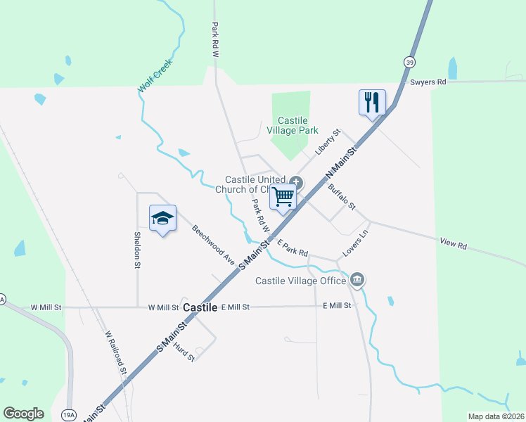 map of restaurants, bars, coffee shops, grocery stores, and more near 9 Park Road West in Castile