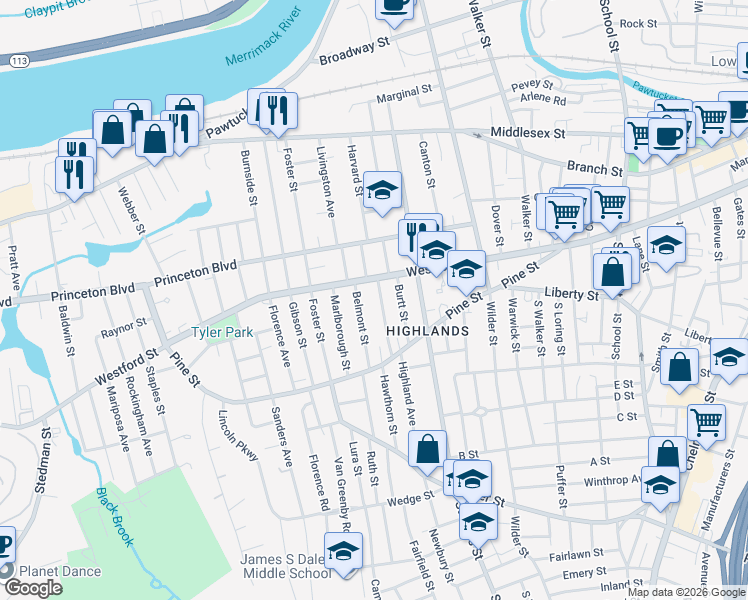 map of restaurants, bars, coffee shops, grocery stores, and more near 31 Robbins Street in Lowell